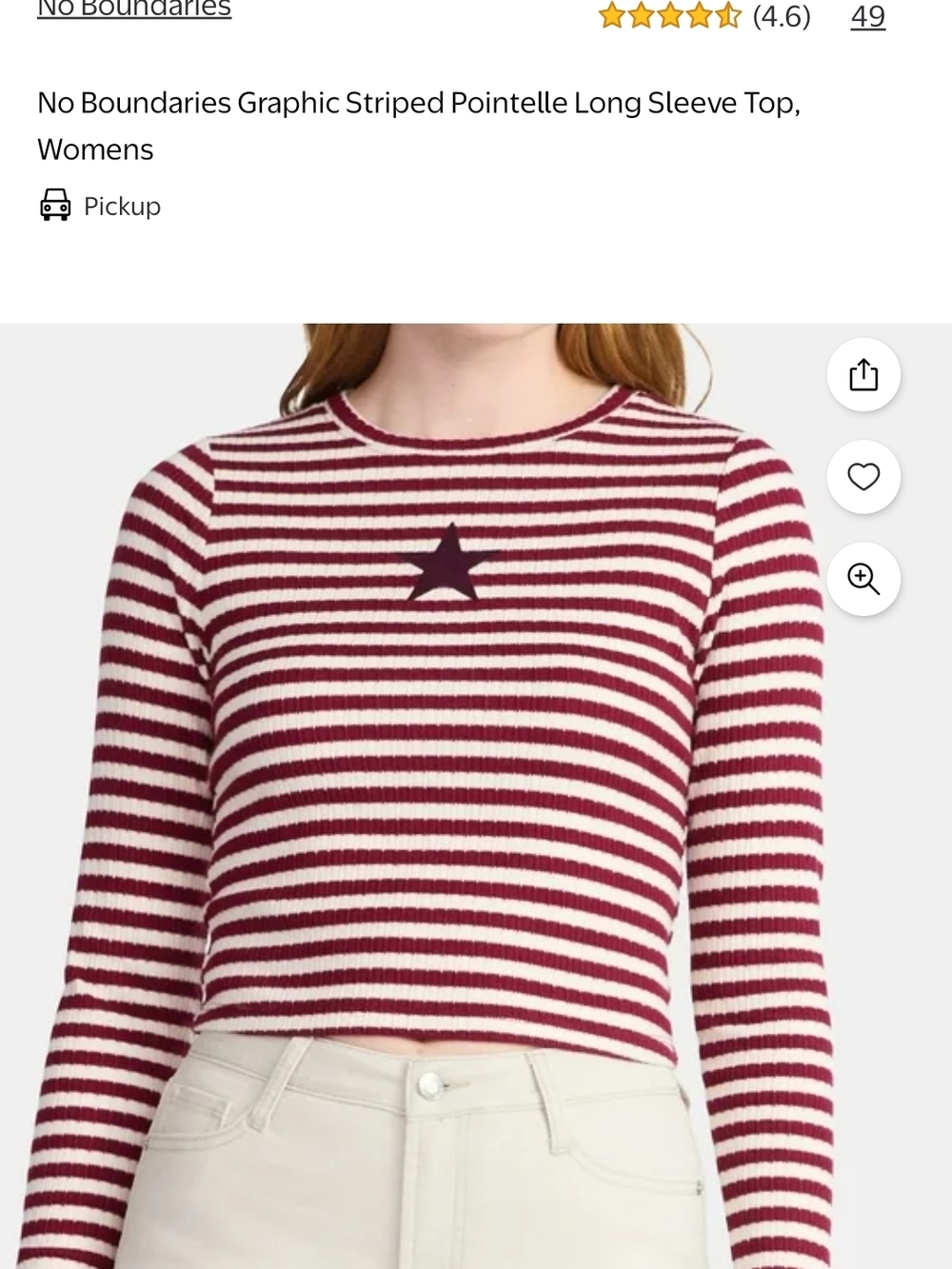 No Boundaries Women's Burgundy and White Striped Star Crewneck Sweater